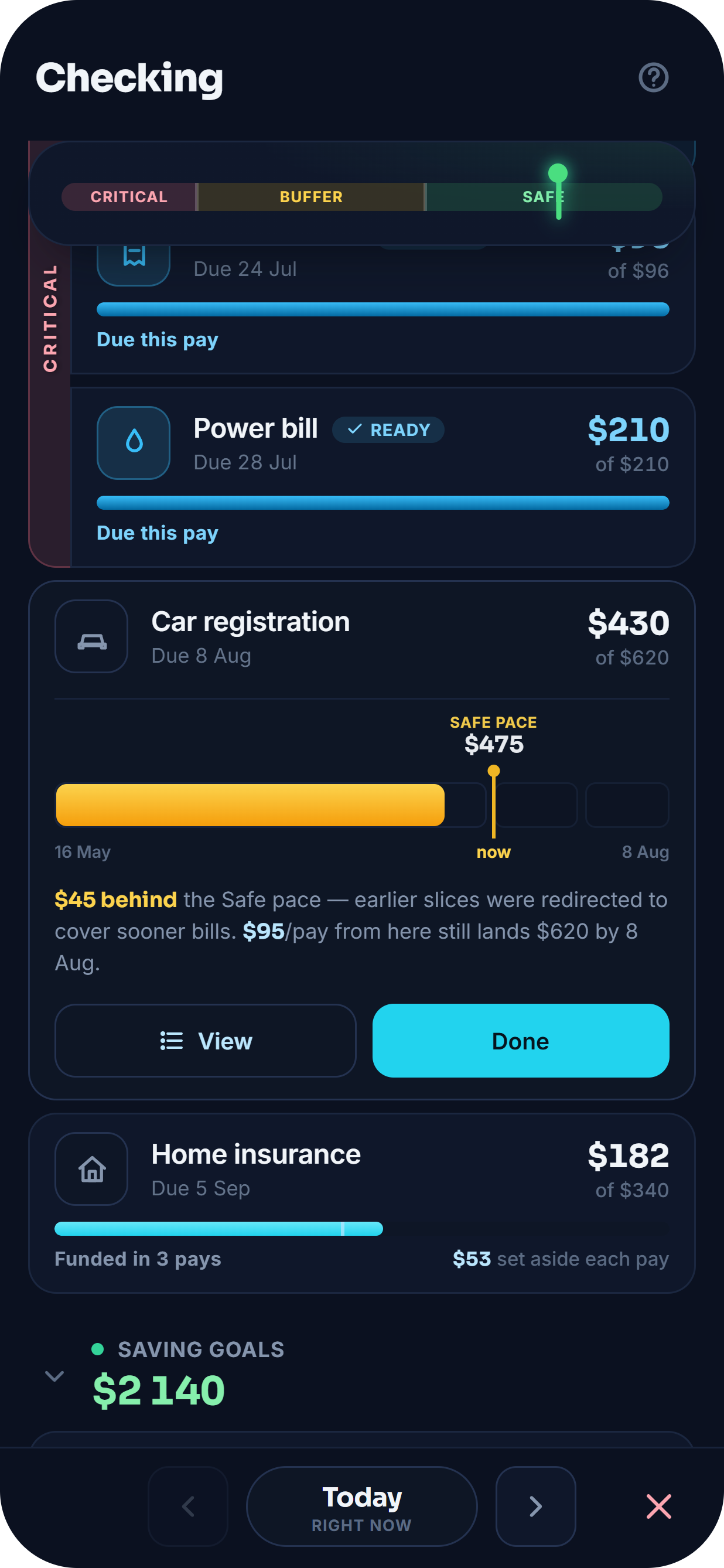 The Reserved Funds screen in Keep Above, showing a car registration fund at $430 of $620 due 8 August, funded in two pays at $95 each, alongside a home insurance fund.